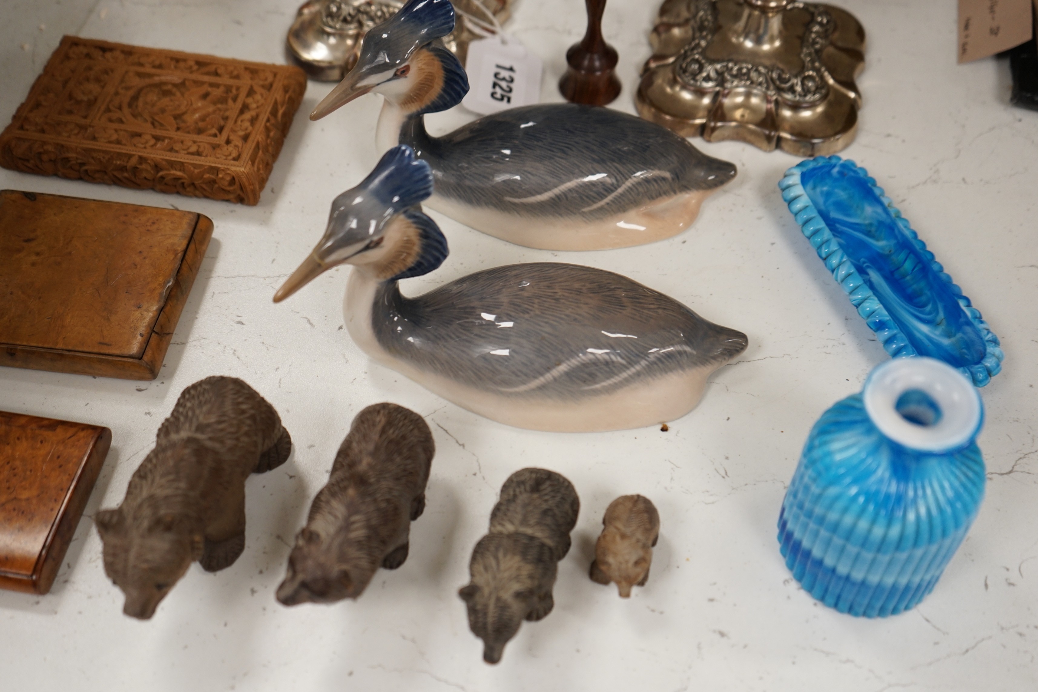 Two Royal Copenhagen mandolin ducks, mixed treen, glass and plated ware, etc.